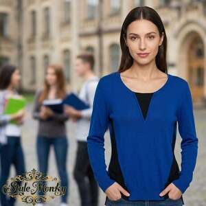 WHETHERLY Blue And Black Colorblock Long Sleeve V-Neck Sweater